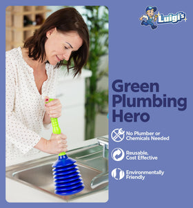 Luigi's plunger in use quickly clears a clogged sink or tub.
