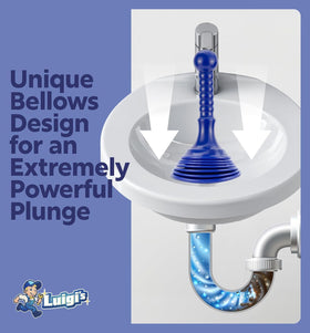 Luigi's Sink Plunger blue with large bellows unblocks bath drains.