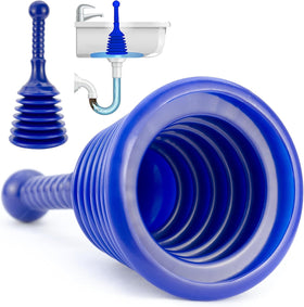 Luigi's Sink Plunger blue with large bellows clears kitchen sink clogs quickly.
