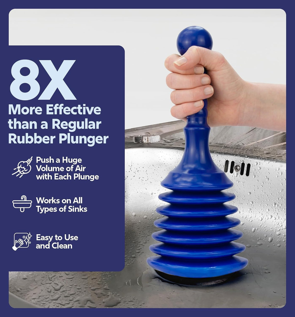 Luigi's Sink Plunger blue with large bellows clears slow drains in showers.
