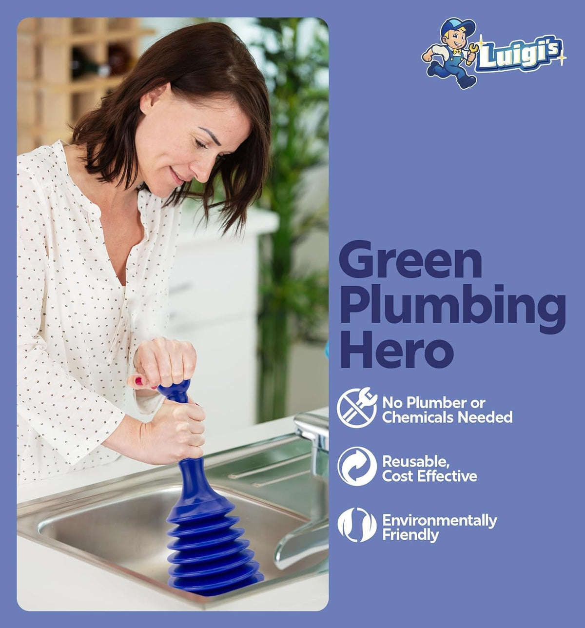 Luigi's Sink Plunger compact blue design fits tight spaces for quick fixes.