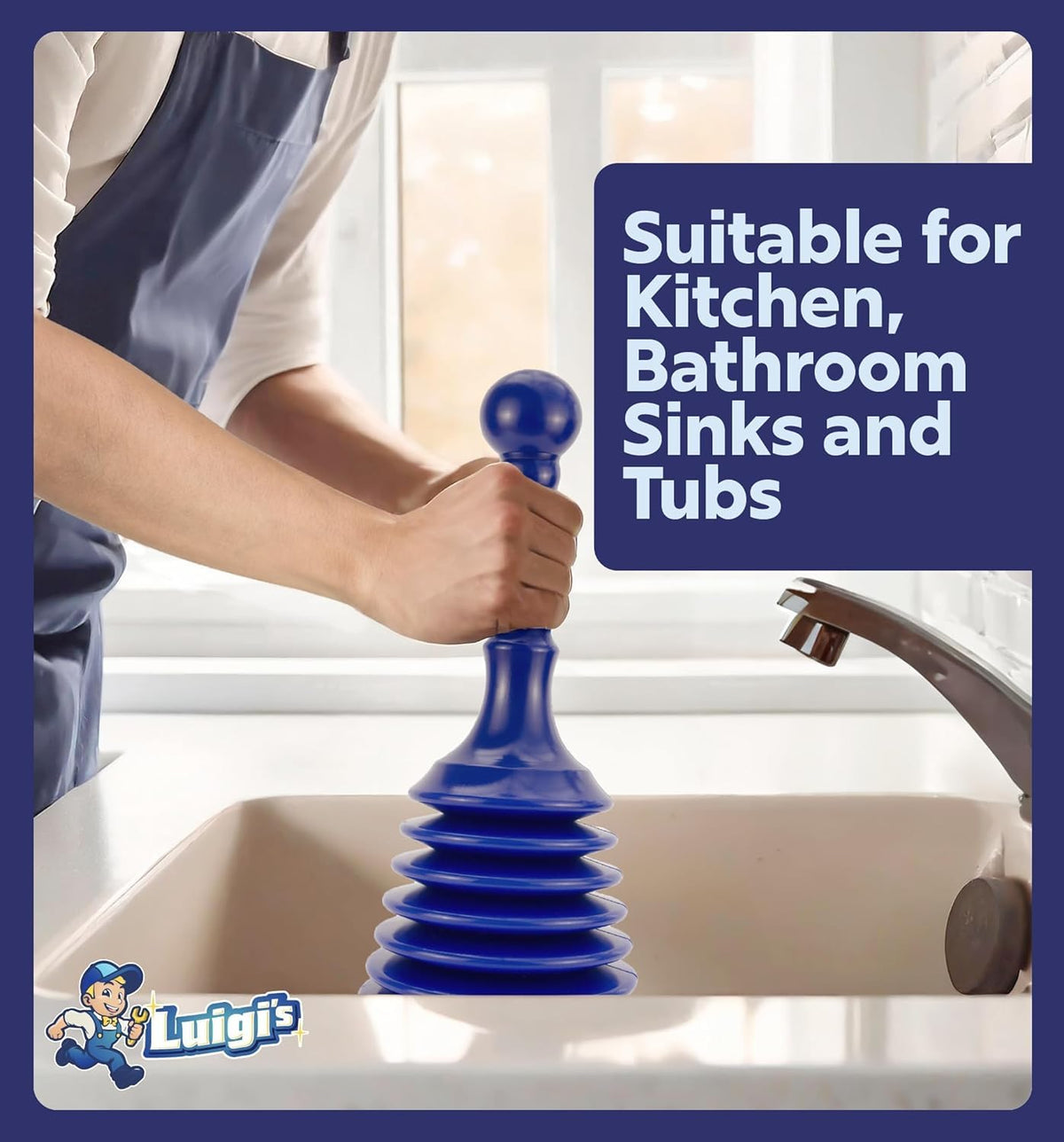 Luigi's heavy-duty plunger delivers eight times more air for faster clog removal.