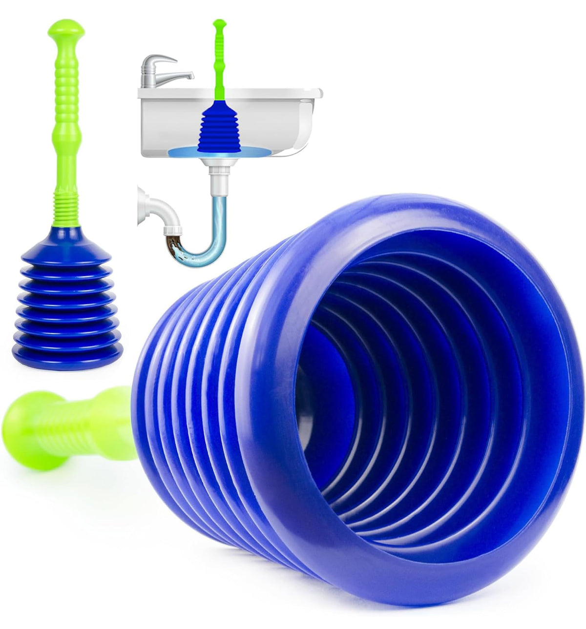Luigi's sink plunger with large opening clears kitchen blockages quickly.