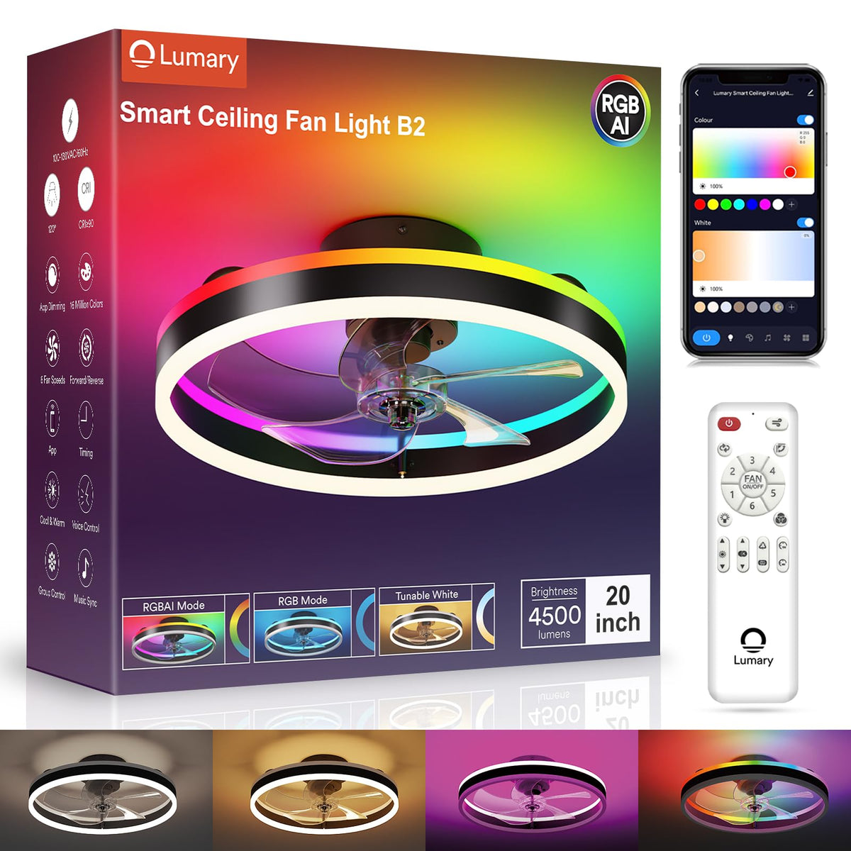 Lumary smart WiFi ceiling fan light closeup in black finish for modern bedrooms