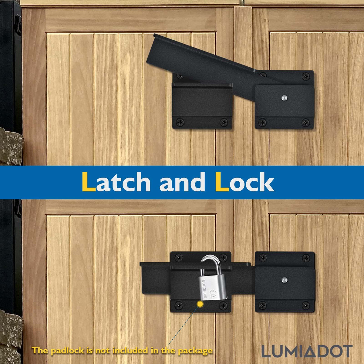 Lumiadot latch showing symmetric mounting plates for sturdier gates