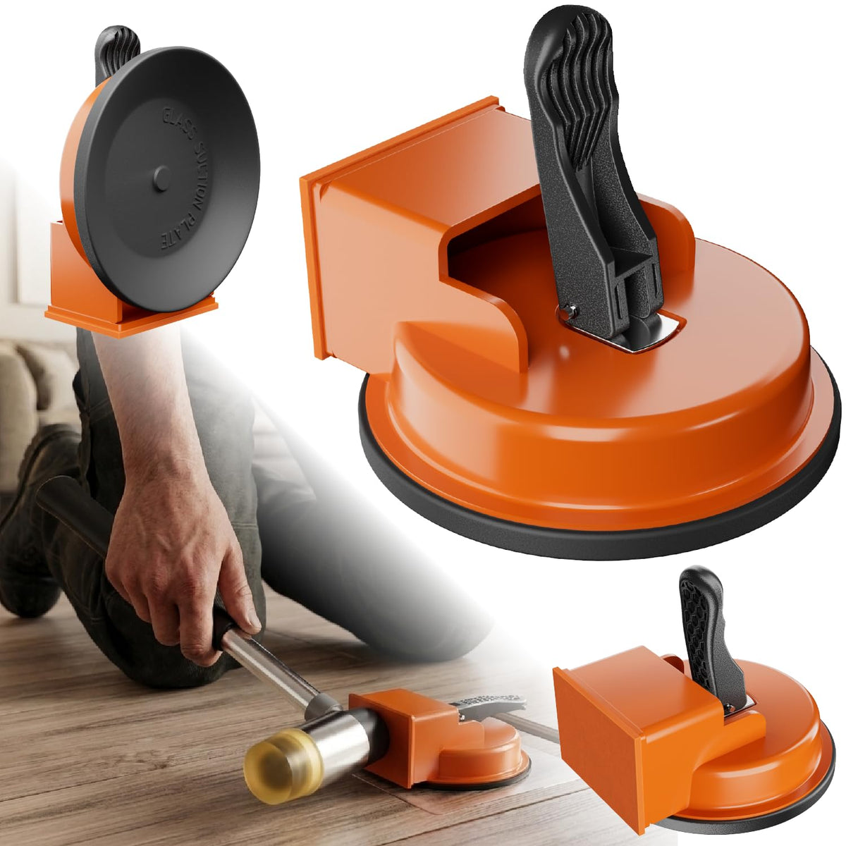 LumiHol floor gap fixer tool with suction cup shown for seamless plank alignment