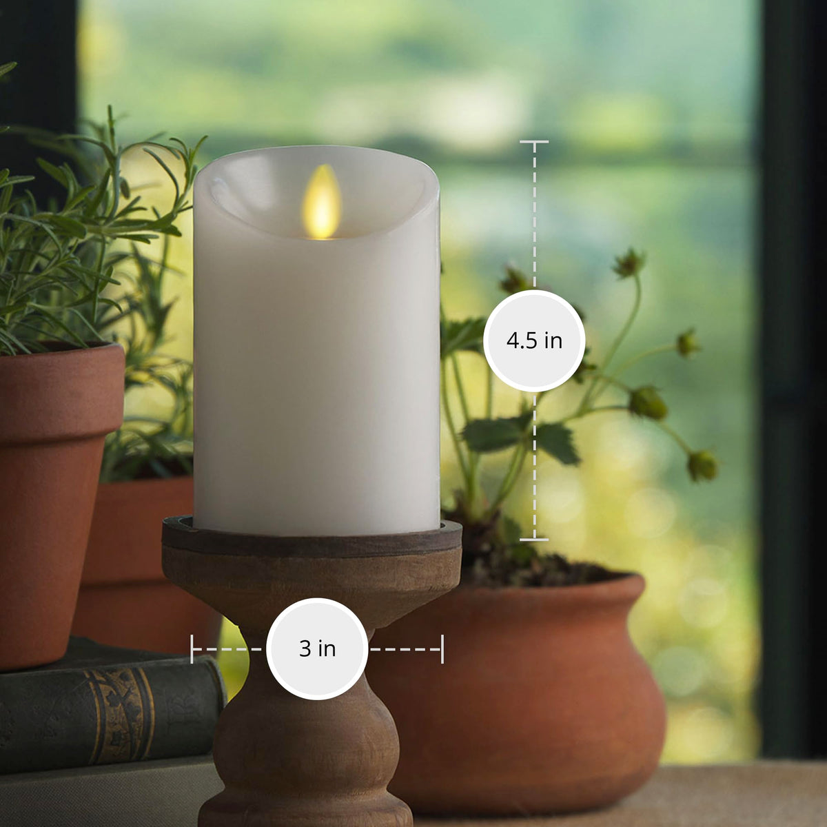 Luminara indoor-outdoor pillar candle suitable for patios and evenings.