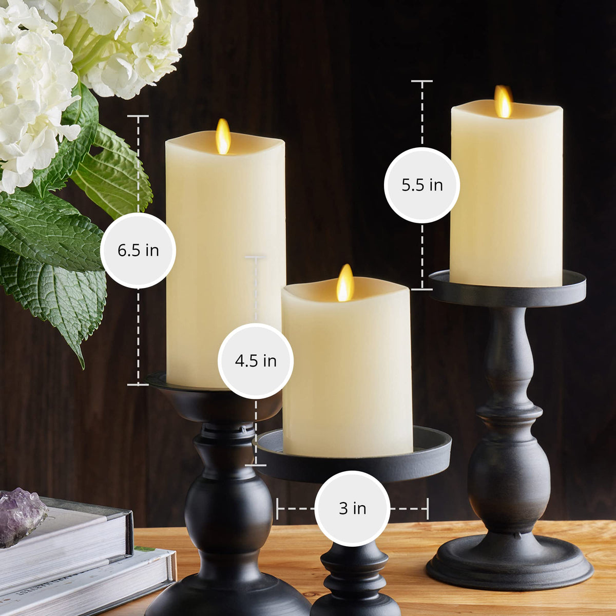 Luminara Ivory melted-top detail enhances the lifelike candle appearance.