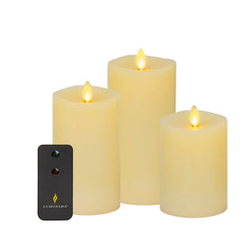 Luminara Ivory pillar candle with 4.5-inch height showcasing a moving flame for ambient elegance.