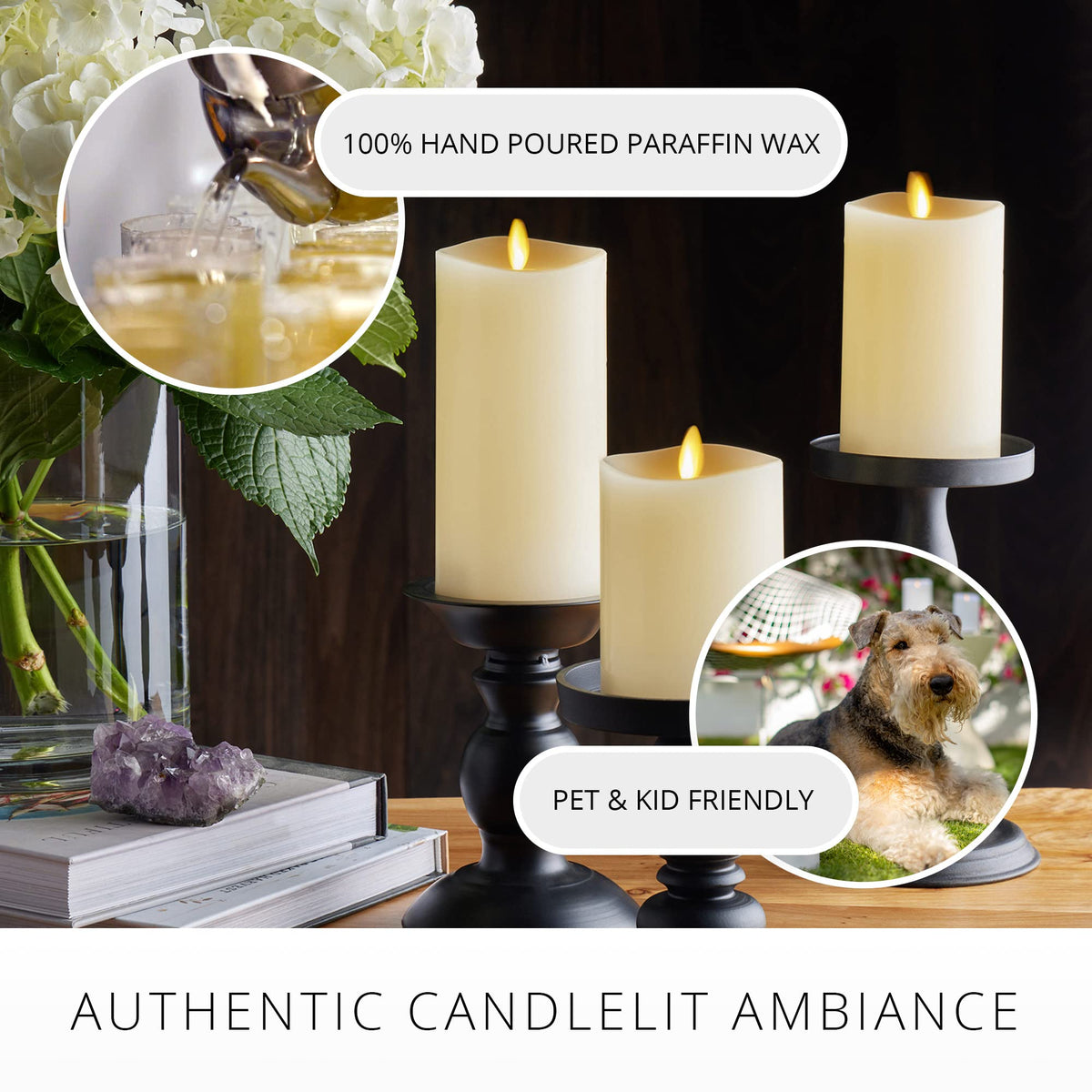 Luminara Ivory pillar candle 6.5 inches height adds lifelike melted-top detail to decor.