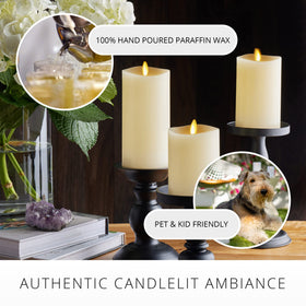 Luminara Ivory pillar candle 6.5 inches height adds lifelike melted-top detail to decor.