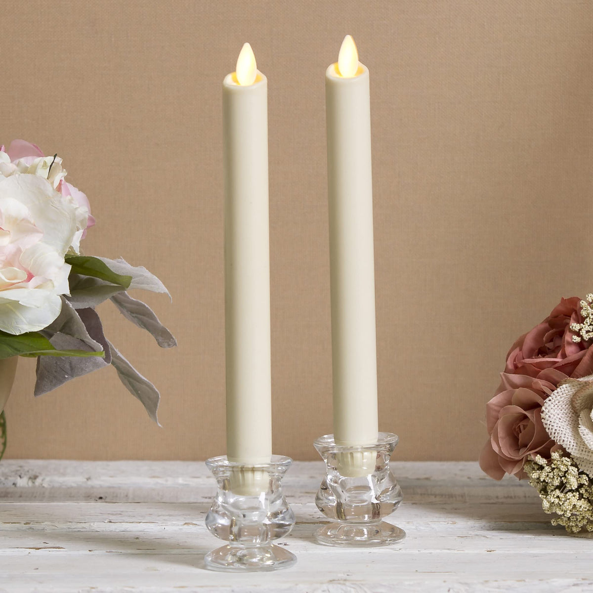 Luminara ivory wax finish taper with melted edge adds classic table decor