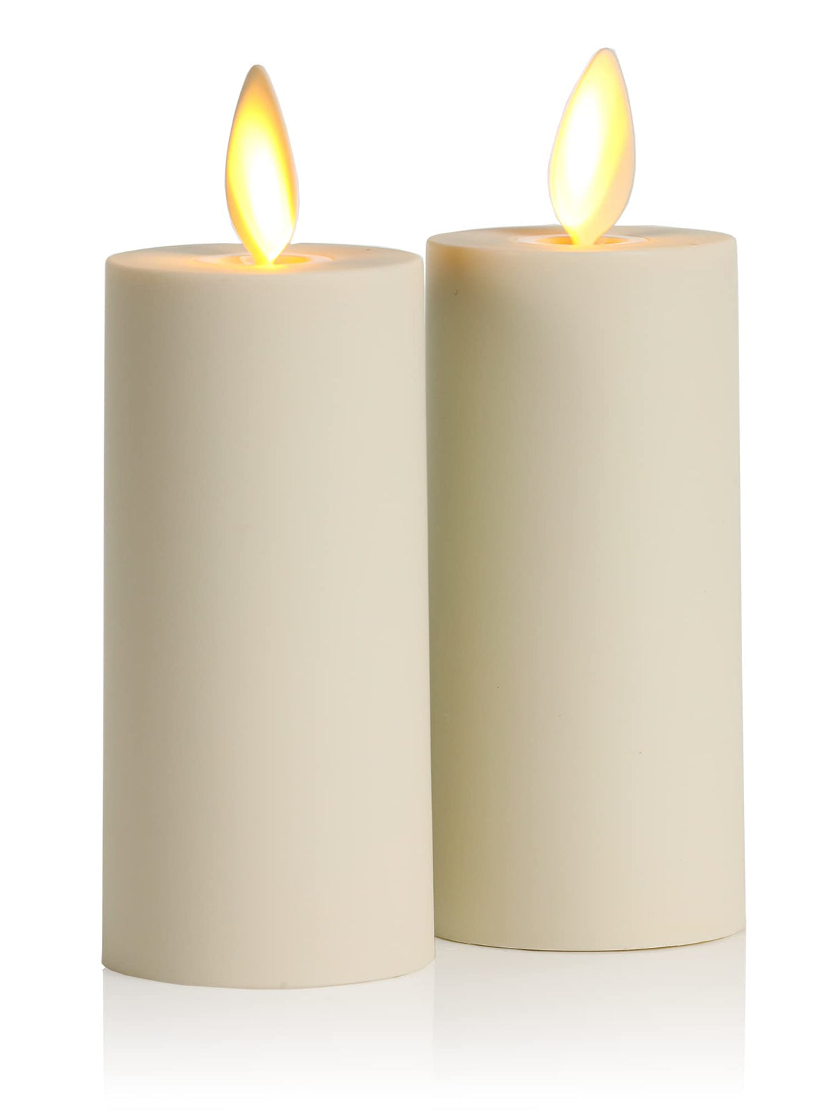 Luminara moving flame votive candles in ivory glow on the dining table.