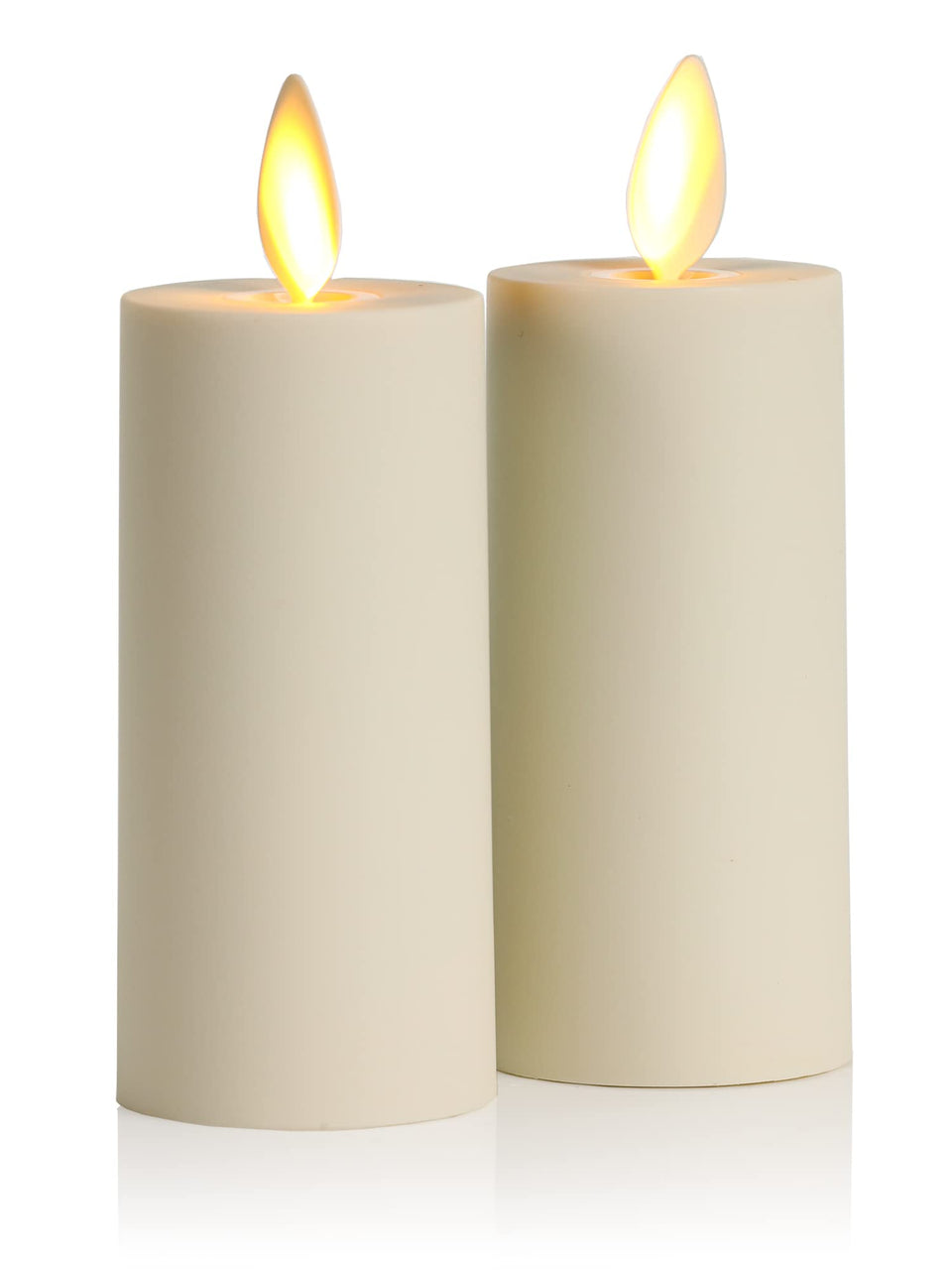 Luminara moving flame votive candles in ivory glow on the dining table.