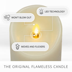 Luminara ivory real-flame effect pillar candle showing lifelike moving flame