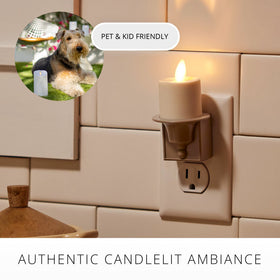 Luminara two-prong wall plug frees bottom outlet for other devices.
