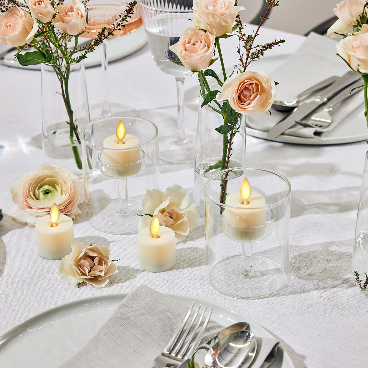 Luminara warm LED flame tealight ideal for dining centerpieces with safe, long-lasting glow.