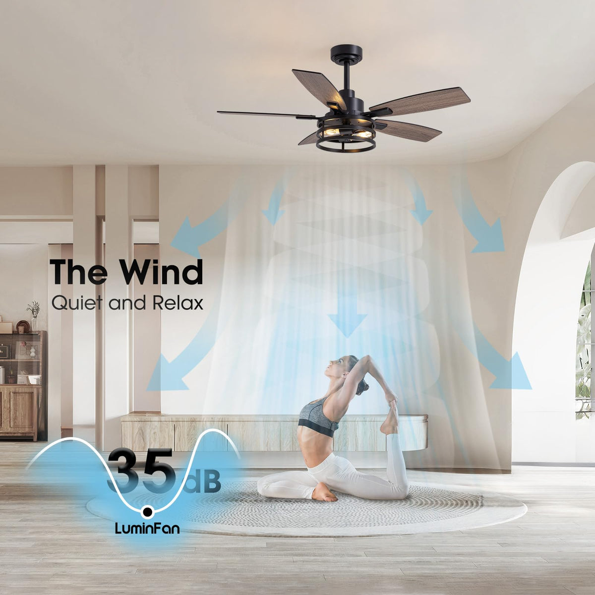 LuminFan black cage with walnut blades, indoor and covered outdoor versatility.