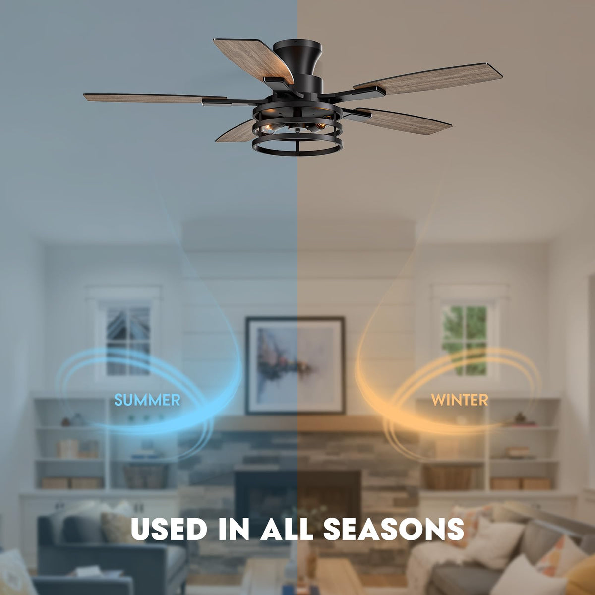 LuminFan distressed wood blades add warm rustic charm to rooms.