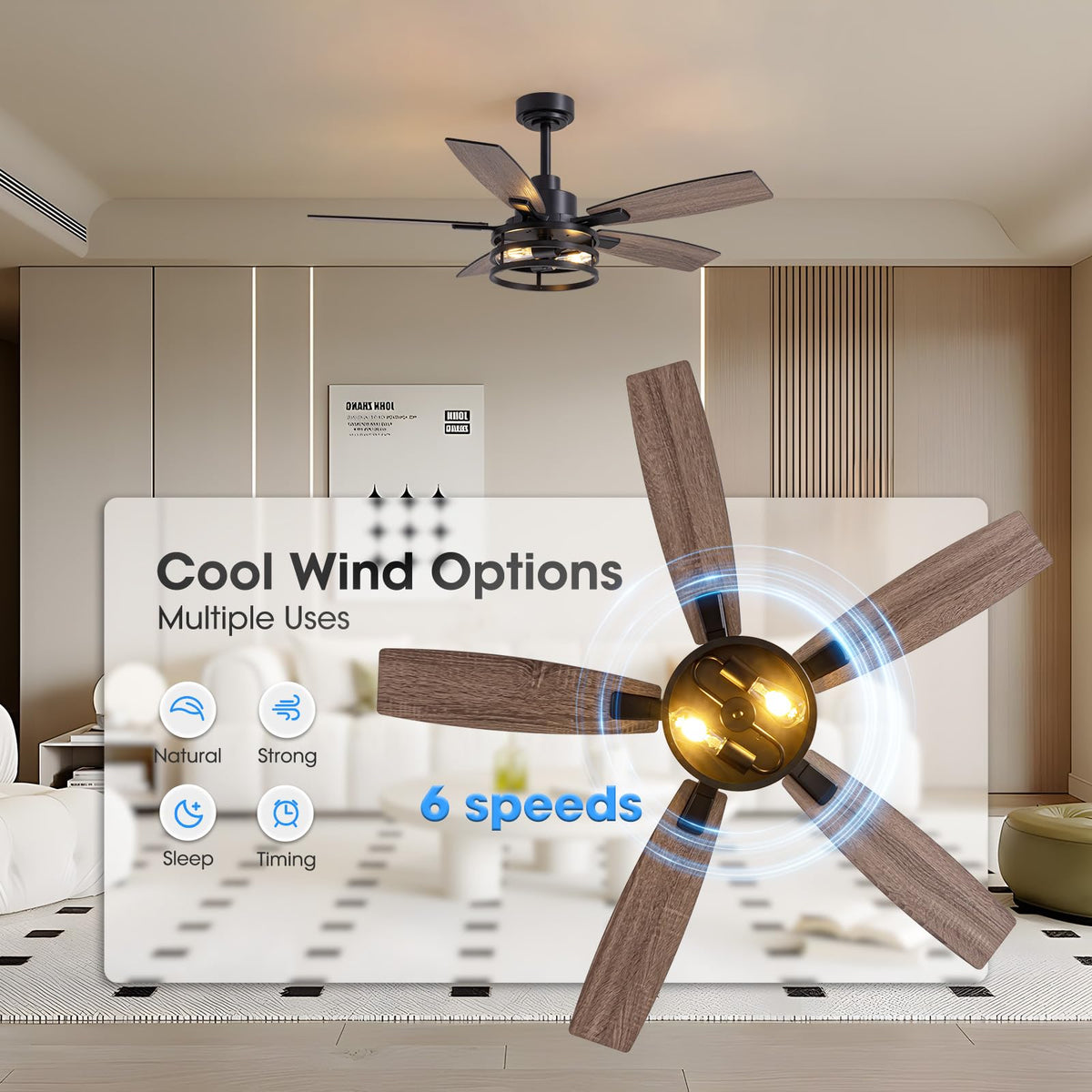 LuminFan reversible DC motor showing downdraft and updraft modes.