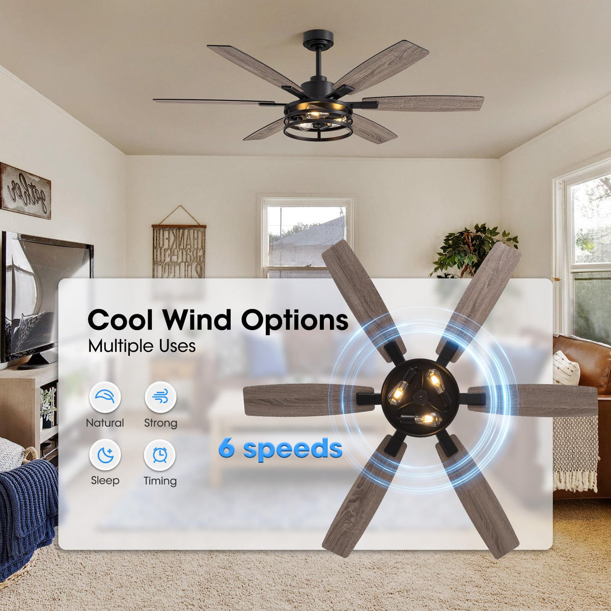 LuminFan two-blade finish blends walnut and black wood grain