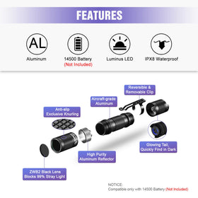 LUMINTOP Tool AA UV flashlight waterproof shell withstands rain and splashes.