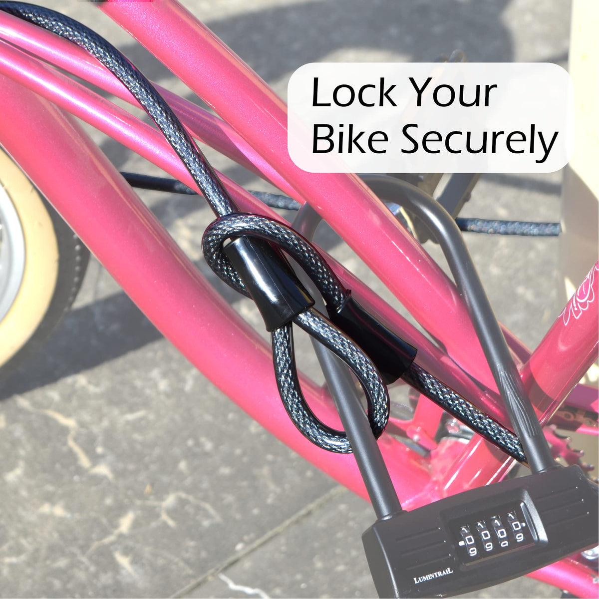 Lumintrail double-looped-ends cable fits padlocks, U-locks, and disc-locks securely.