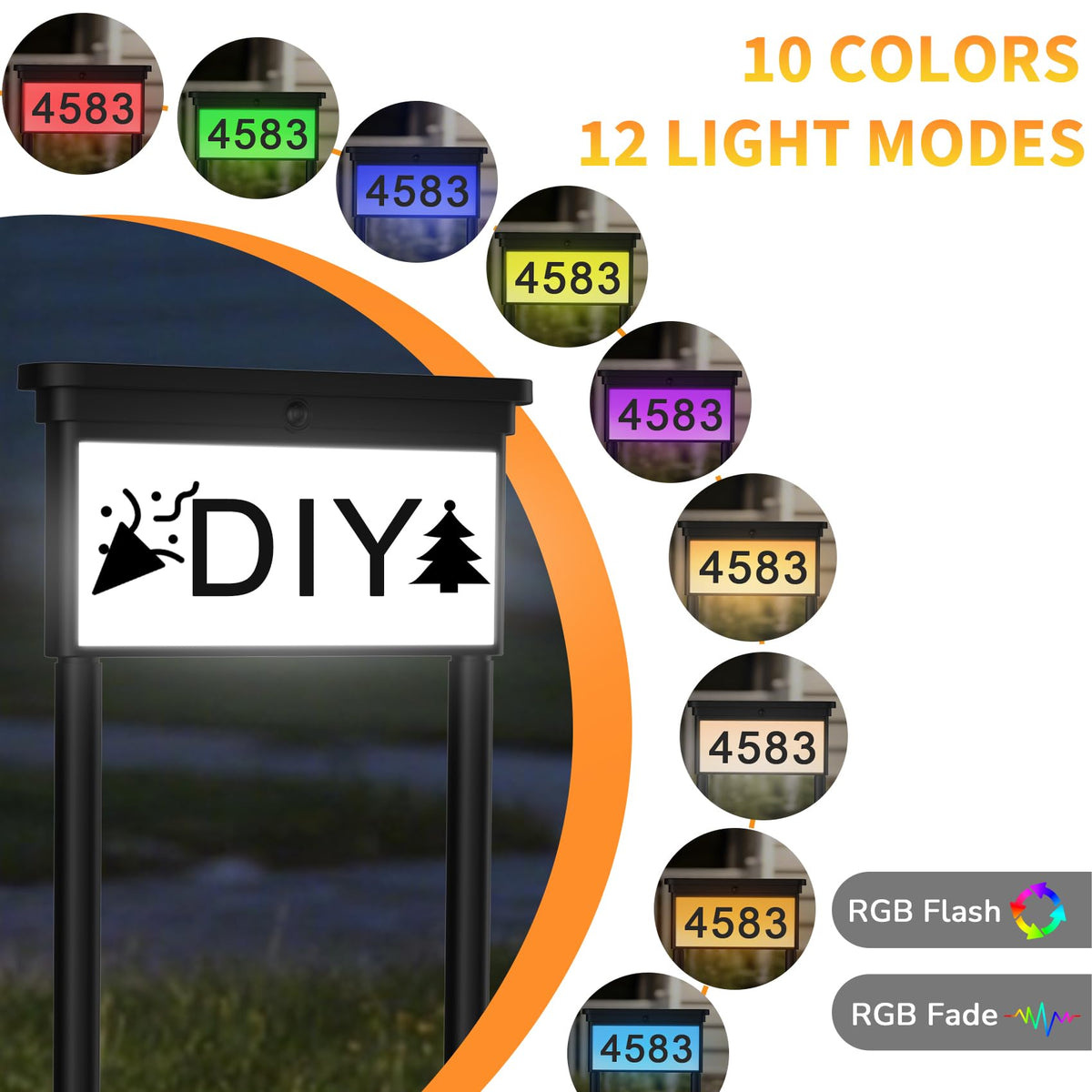 LumiZen solar address sign with 12 color modes enhances visibility and curb appeal.