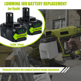 Lummina Ryobi 18V One+ compatible battery powering a variety of tools.
