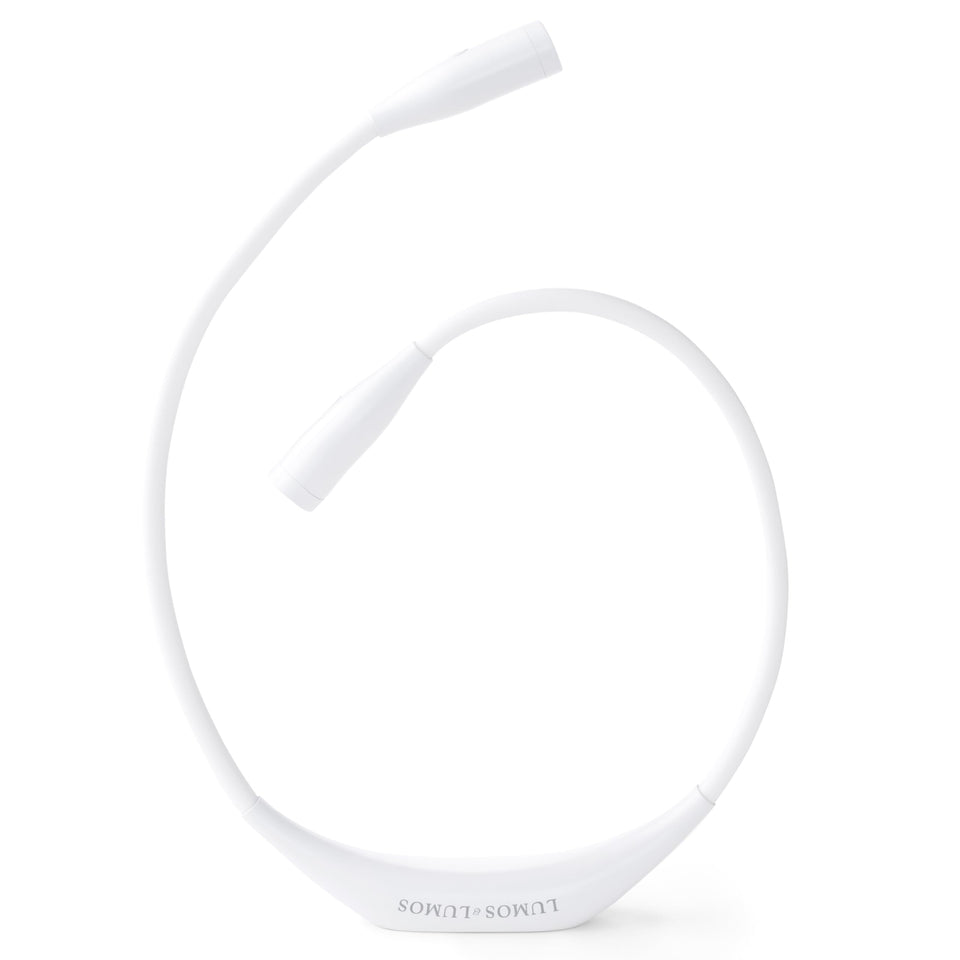 Lumos Knitting Light worn around the neck for relaxed eyes during long stitching sessions.
