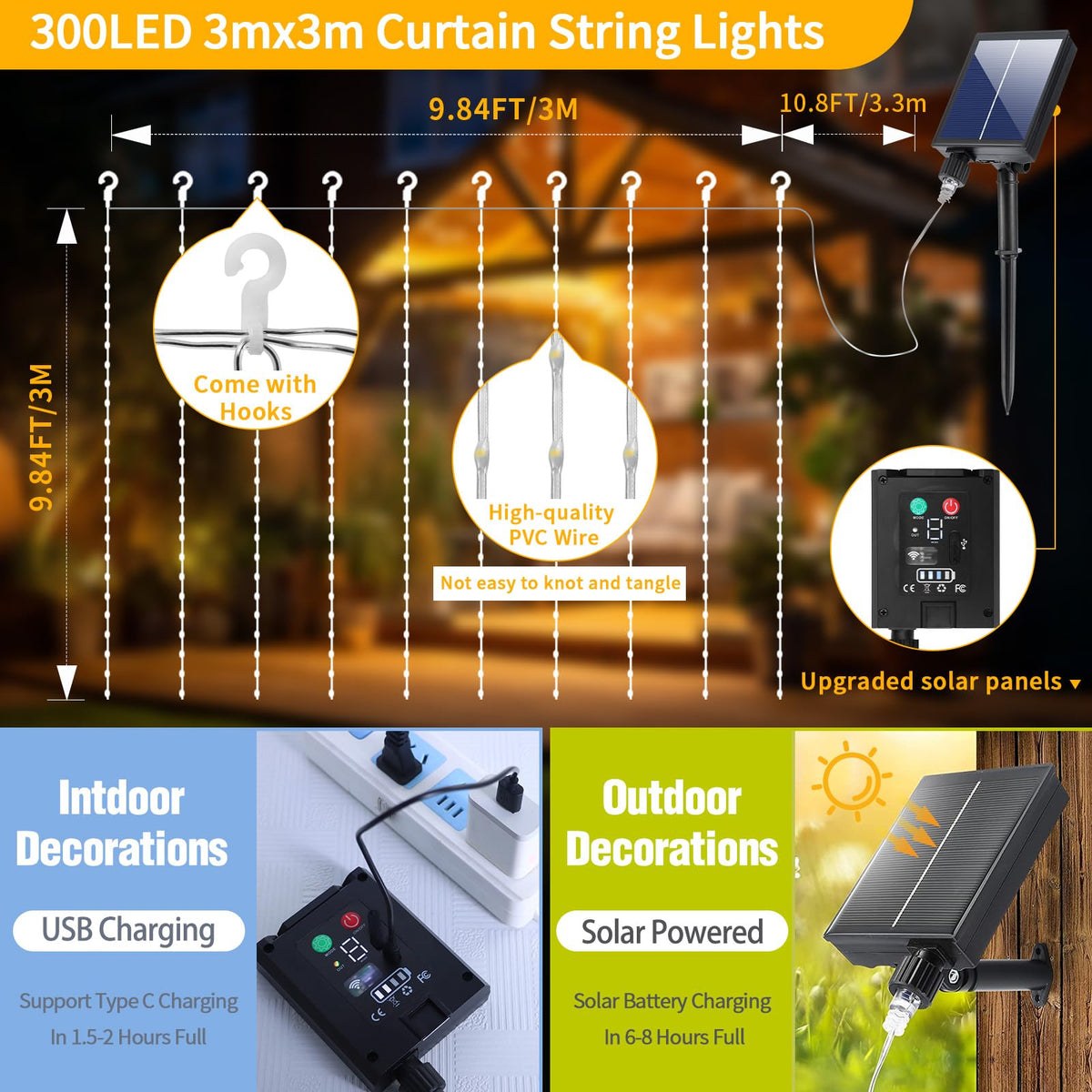 Lumry Go 300LED solar waterfall lights on panel create twinkling vertical streams.