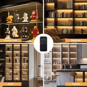 Lumtide 2700K warm under-shelf lighting creates cozy ambiance.