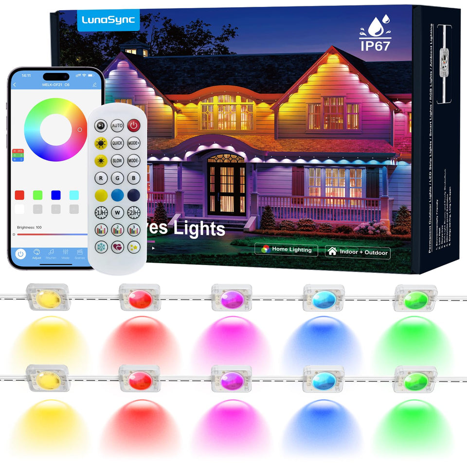 LunaSync RGBIC eaves light close-up showing vibrant color options for outdoor ambience.