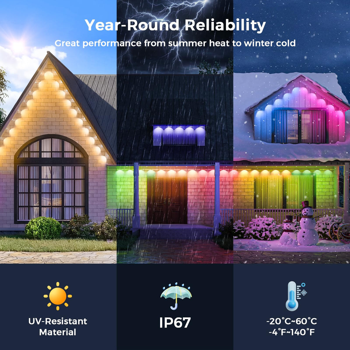 LunaSync RGBIC colors illuminate house facade for festive outdoor decor.
