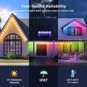 LunaSync RGBIC colors illuminate house facade for festive outdoor decor.