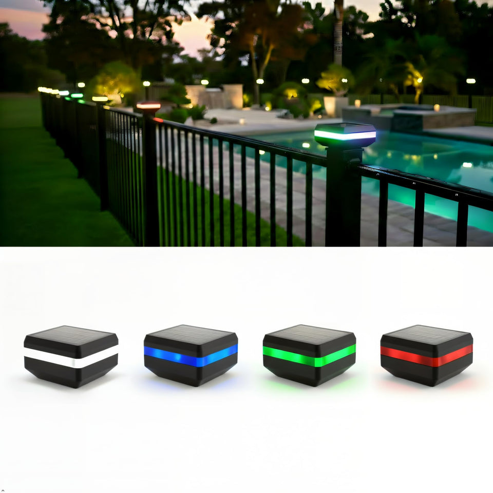 Lunilly 4-pack solar post cap lights installed on square fence posts deliver ambient illumination.