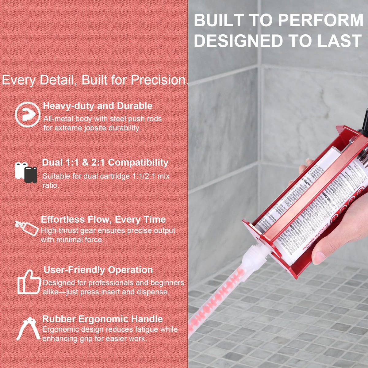 LUORIN epoxy gun ergonomic grip ensures comfortable operation during long jobs.