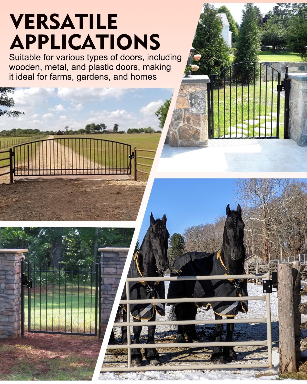 Lupar versatile gate latch suitable for pastures, stables, ranches and corrals.
