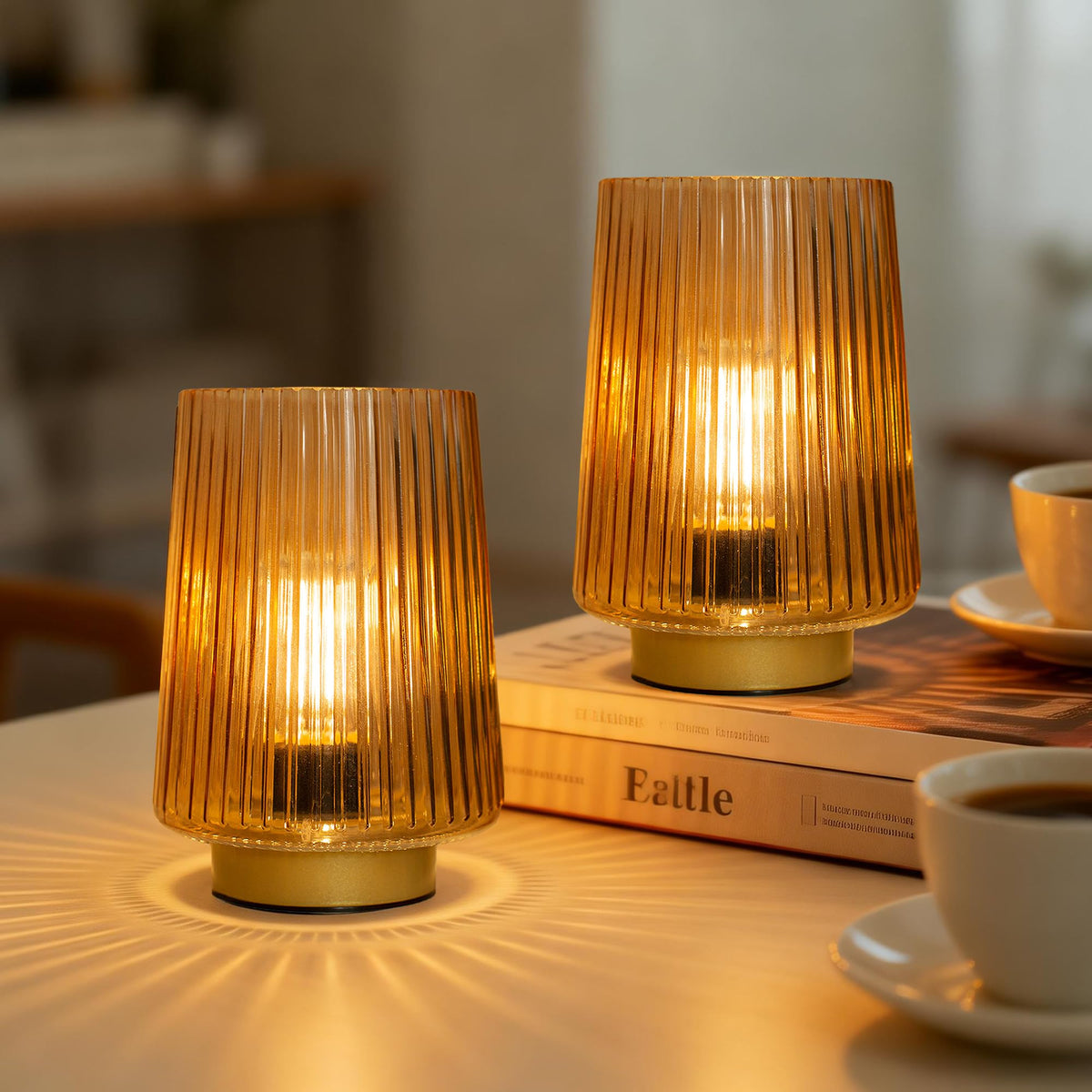 Lusharbor battery lamp with amber glow on bedside for cozy ambience