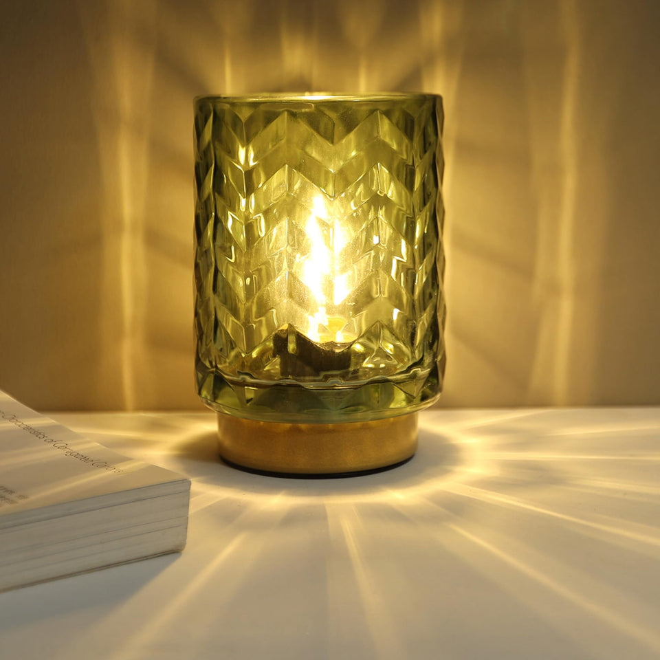 LUSHARBOR emerald green ribbed glass table lamp for ambient shelf lighting
