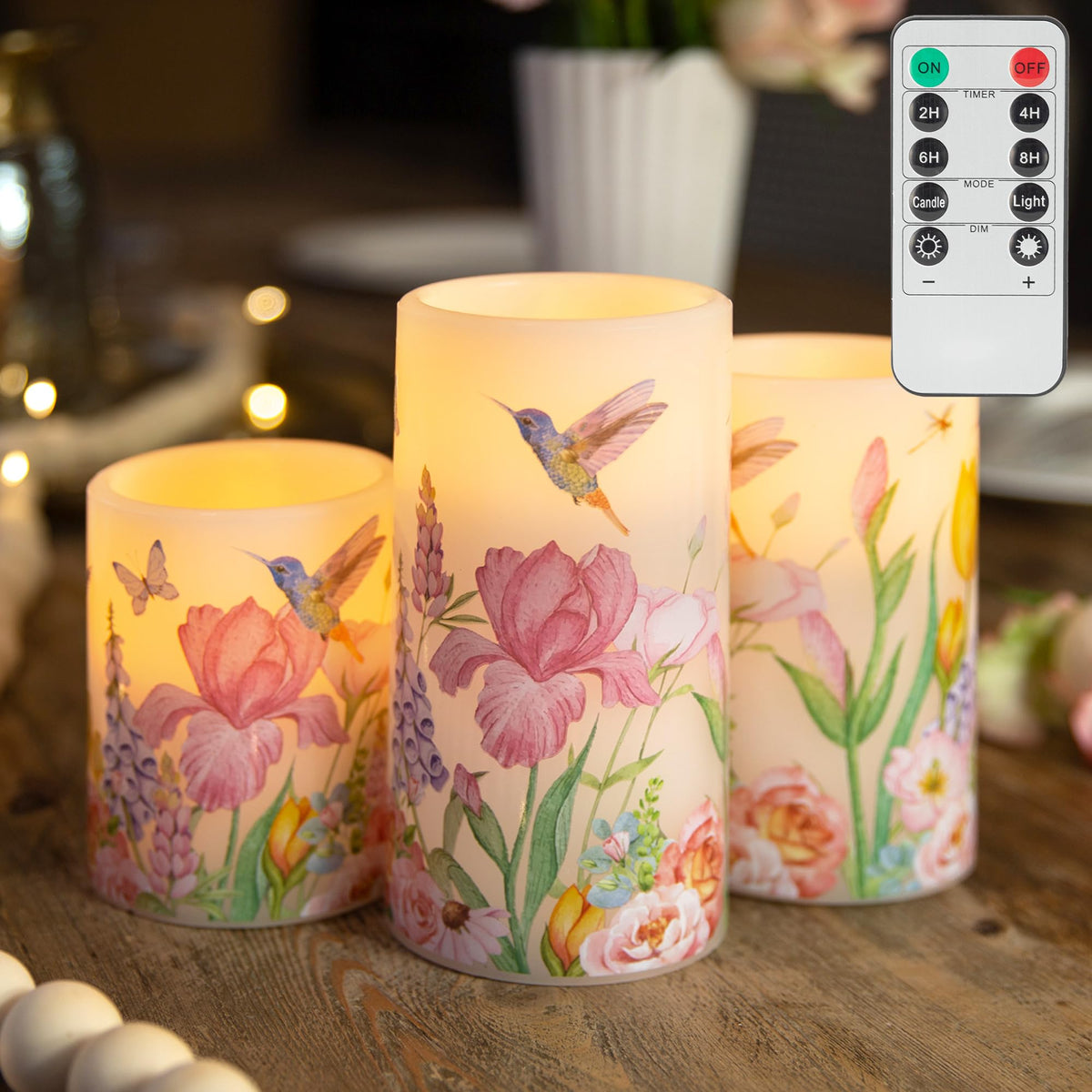 Lusharbor flameless hummingbird candles set with real-wax finish for elegant table decor.