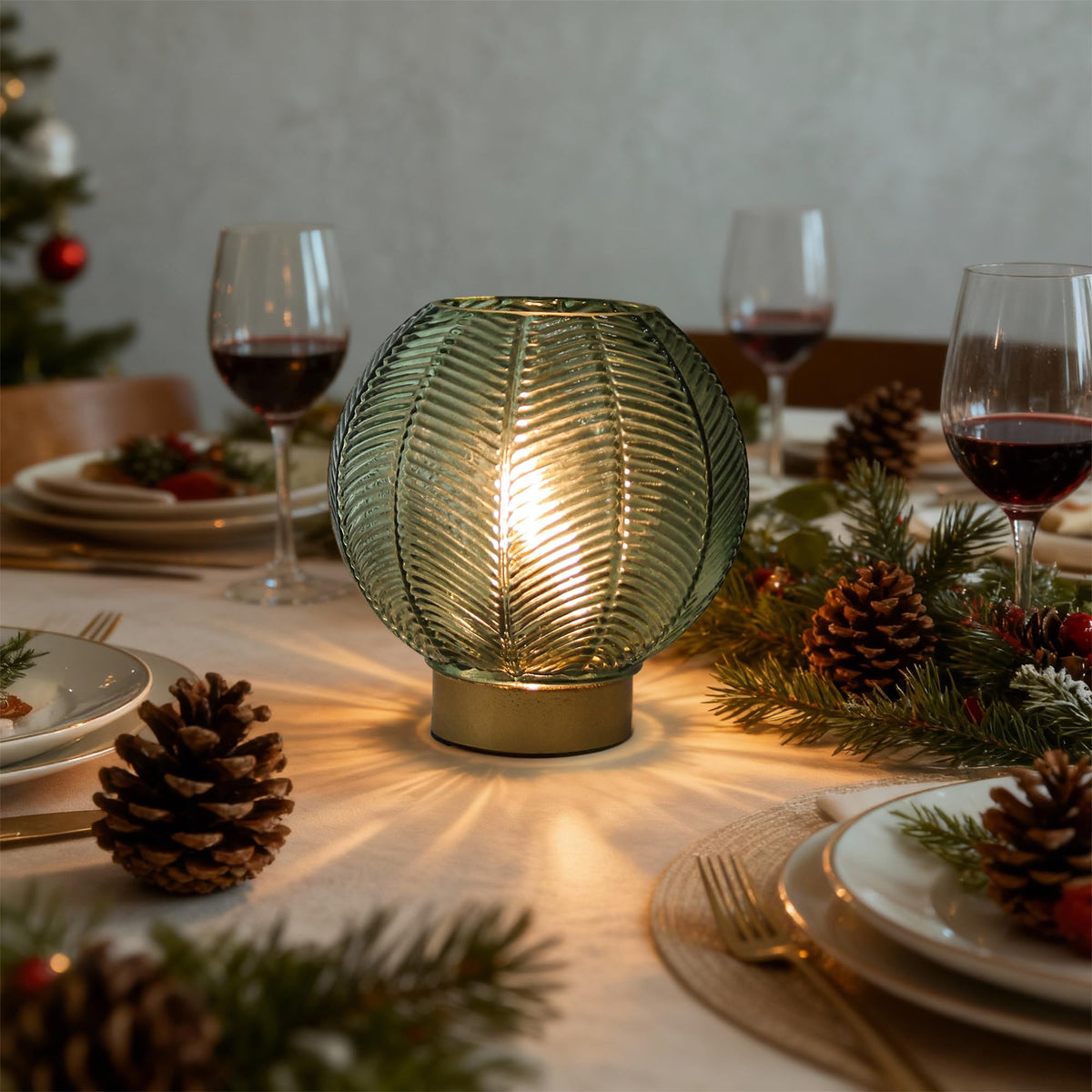 LUSHARBOR green glass textured shade adds modern decorative flair and diffused light.