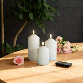 LED pillar candles three-pack creating safe centerpieces.