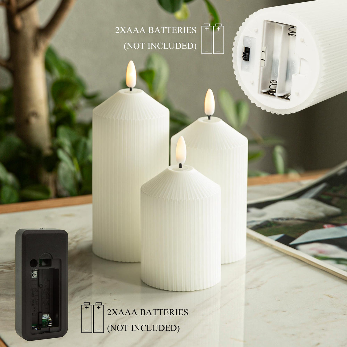 Battery-operated candles ideal for weddings, dorms, and patios.