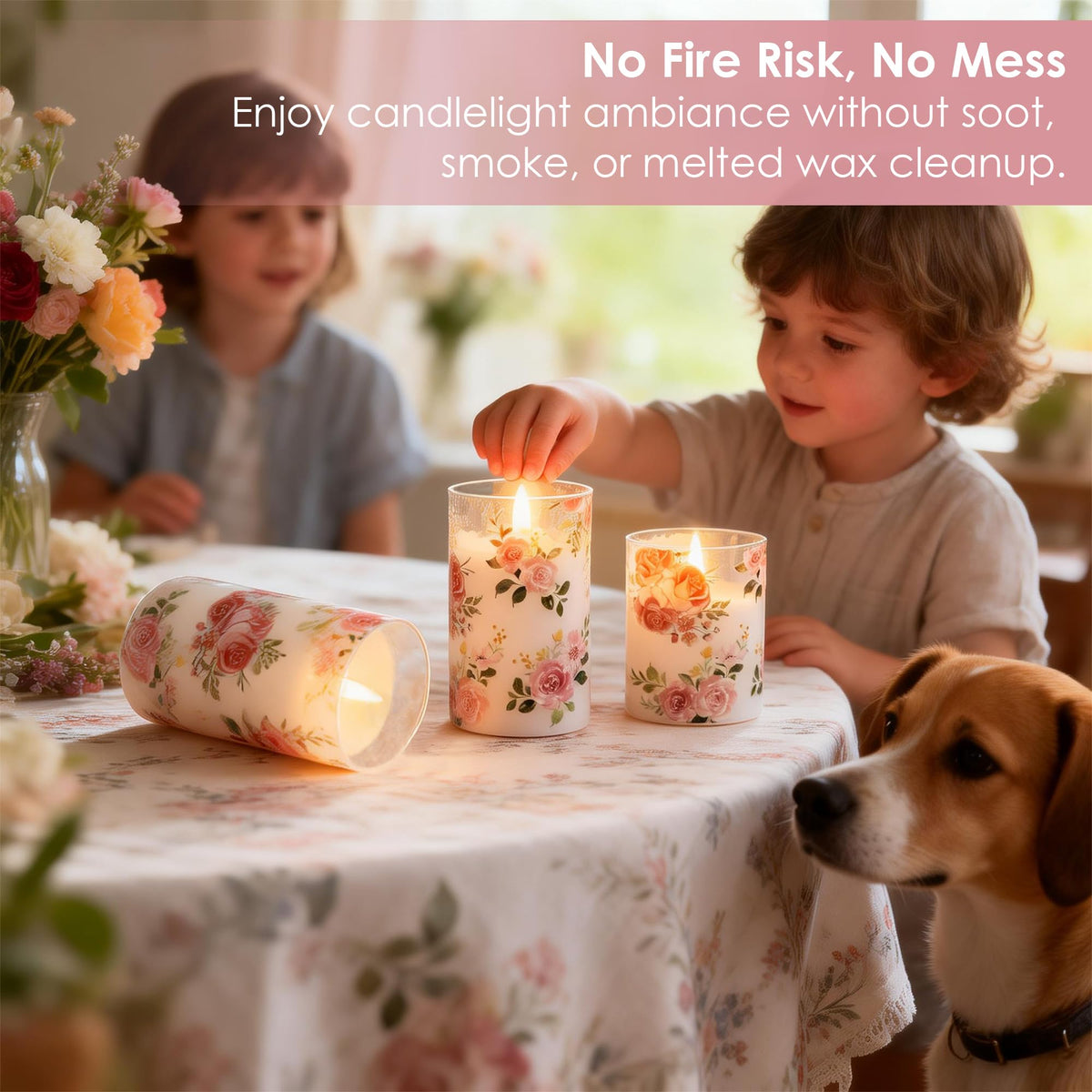 LUSHARBOR set of 3 pink rose candles on a dining table