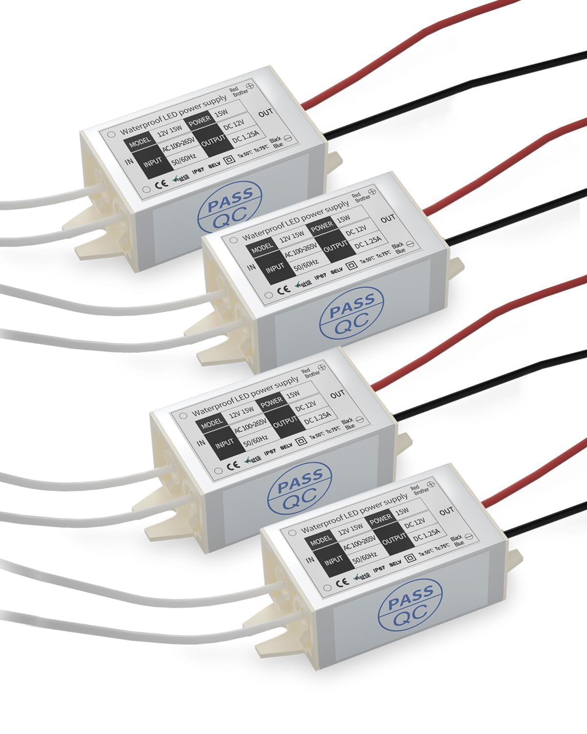 Lustaled 12V power supply shown as compact IP67 unit ideal for outdoor LED projects.