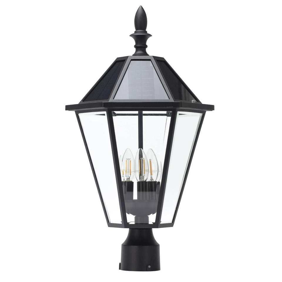 LUTEC post light at dusk emits warm glow for safe nighttime pathways
