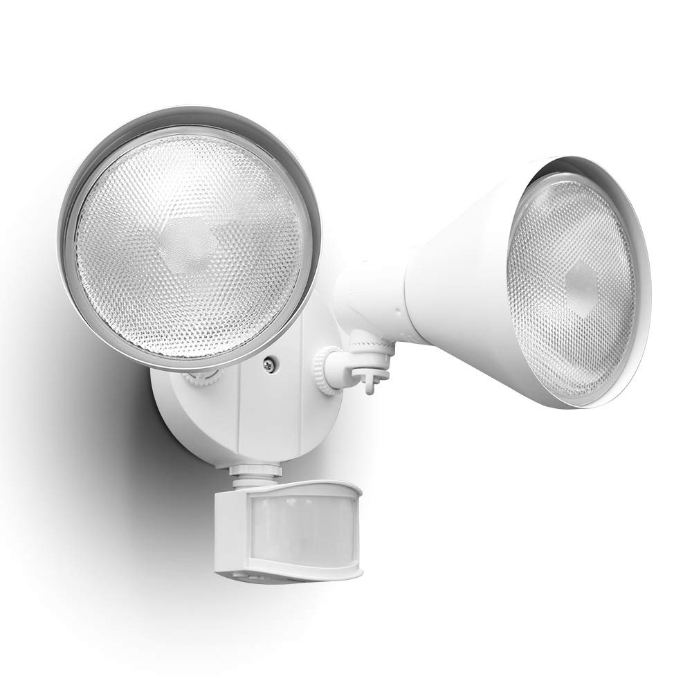 LUTEC 180-degree dual-head floodlight front view provides wide outdoor coverage.