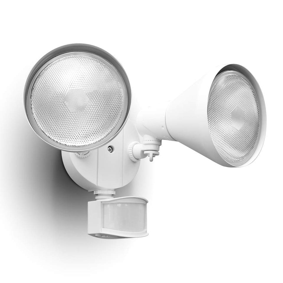 LUTEC 180-degree dual-head floodlight front view provides wide outdoor coverage.