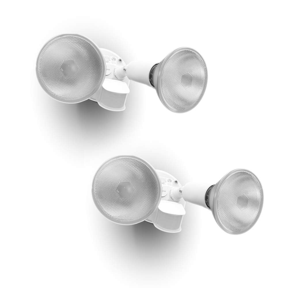 LUTEC 2-pack 300W halogen floodlight, front view, motion-activated outdoor lighting.